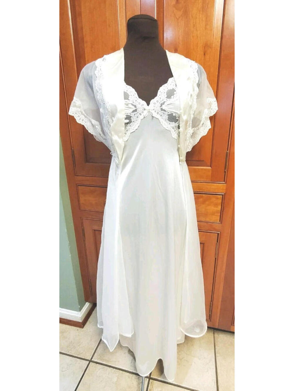 Vintage Val Mode Maxi 2 pc Dress Women S/M white Slip on & robe Regency Lingerie